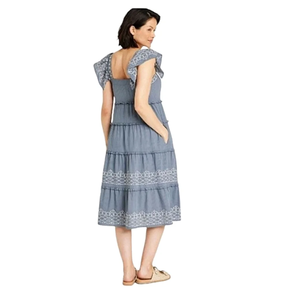 Knox Rose Blue Embroidered Tiered Midi Dress Flutter Sleeves & Pockets Small